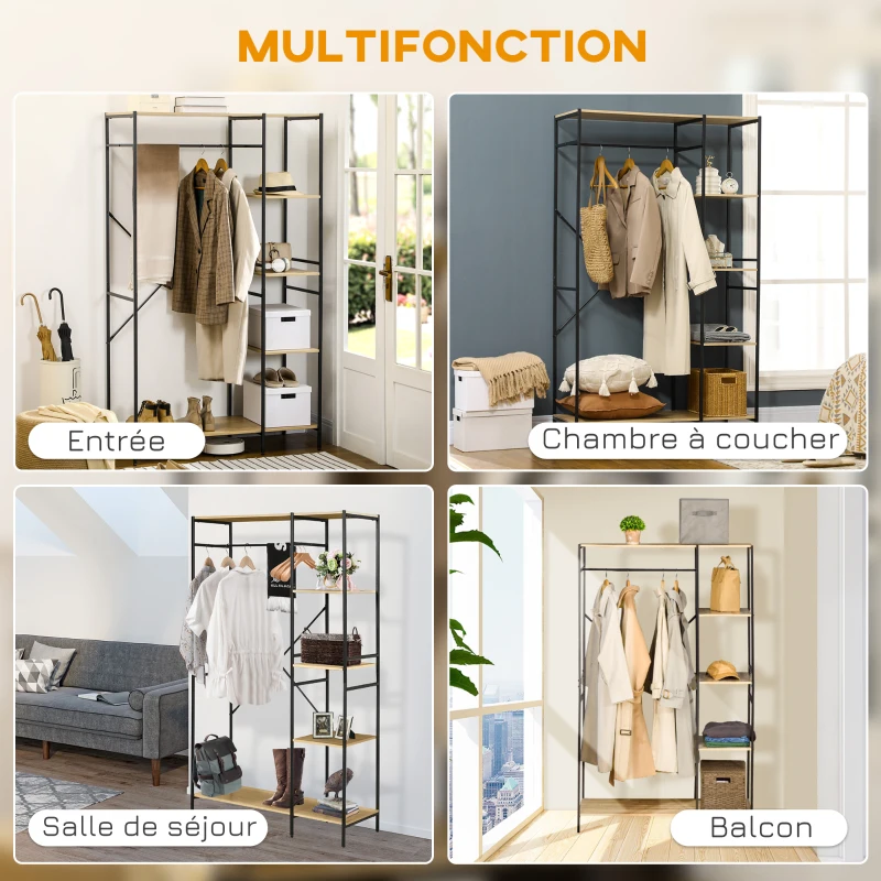 HOMCOM Penderie portant à vêtements style industriel en métal avec tringle et 4 étagères - dim. 100L x 46L x 170,5H cm