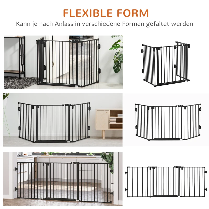 PawHut Hunde Absperrgitter Türschutzgitter Haustierschutzgitter verstellbar klappbar Kamingitter mit automatische schließenden Tür 3 Paneele für Ofen Wandmontage/Freistehend Schwarz 202,5 x 76 cm
