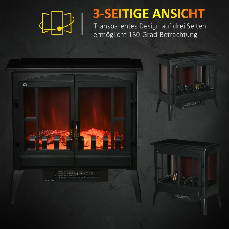 HOMCOM Elektrokamin, realistische Flammen, 2 Heizstufen, Überhitzungsschutz, Stahl, Schwarz, 60 x 37 x 60,5cm