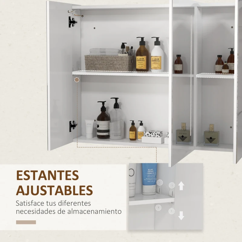 kleankin Armario con Espejo de Baño con 3 Puertas Estantes Ajustables Interruptor Táctil y USB 90x15x70 cm Blanco Brillante