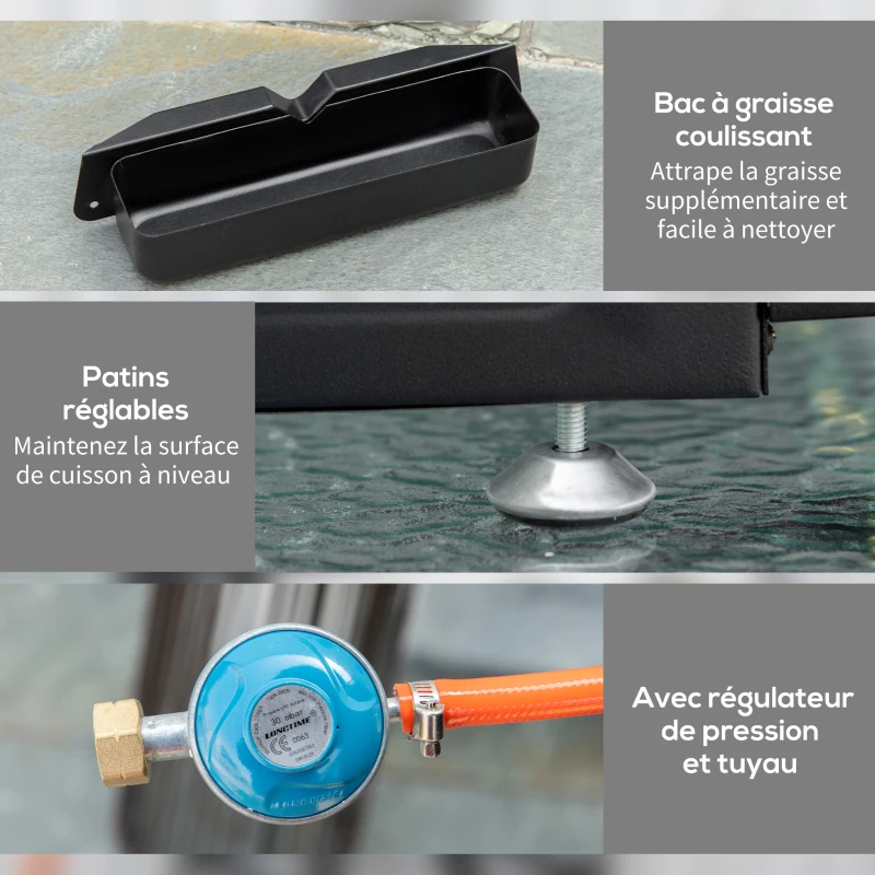 Outsunny Plancha gaz en acier inox 3 brûleurs 9 kW antiadhésive grande surface de gril 61 x 35,5 cm