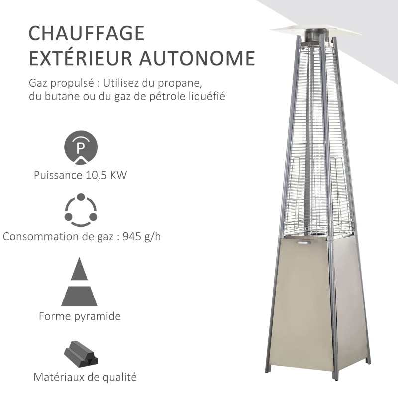Outsunny Parasol Chauffant Pyramide 10,5 KW - Chauffage d'extérieur gaz - Chauffage de terrasse - Double sécurité - Puissance réglable - roulettes, Housse Incluse - Acier INOX. Gris métal