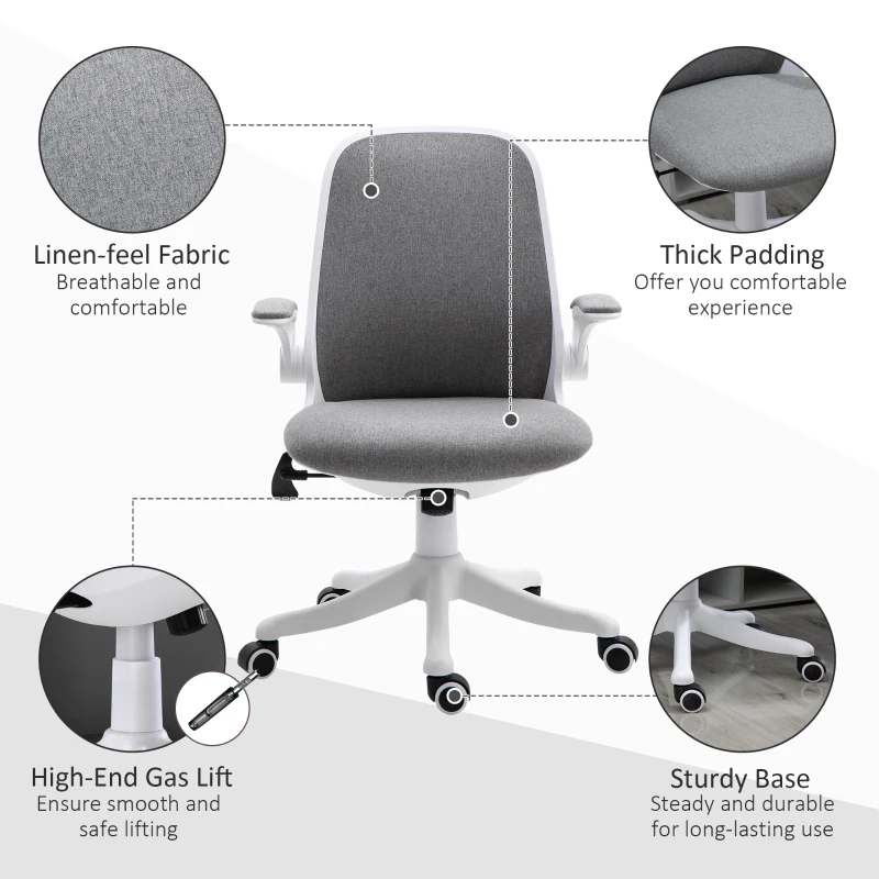Vinsetto Swivel Office Chair Breathable Fabric Study Computer Chair with Flip-Up Arm for Home, Grey