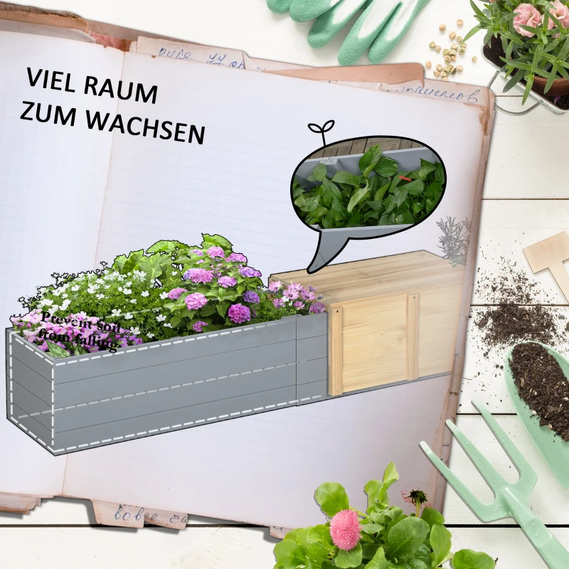 Outsunny Hochbeet mit Sitzbank Pflanzkasten mit Sitzbank, wetterbeständig, 240 cm x 42 cm x 32 cm, Blau + Natur