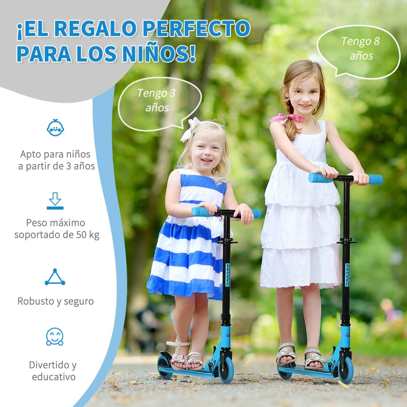 HOMCOM Patinete para Niños de +3 Años Plegable Scooter de 2 Ruedas con Manillar Altura Ajustable Freno Posterior y Pedal Antideslizante Carga 50 kg 67,7x34x79,5-89,5 cm Azul