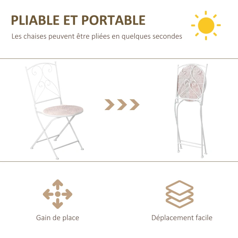 Outsunny Ensemble de jardin bistro 3 pièces 2 chaises pliantes et table ronde en métal époxy et plateau mosaïque - blanc