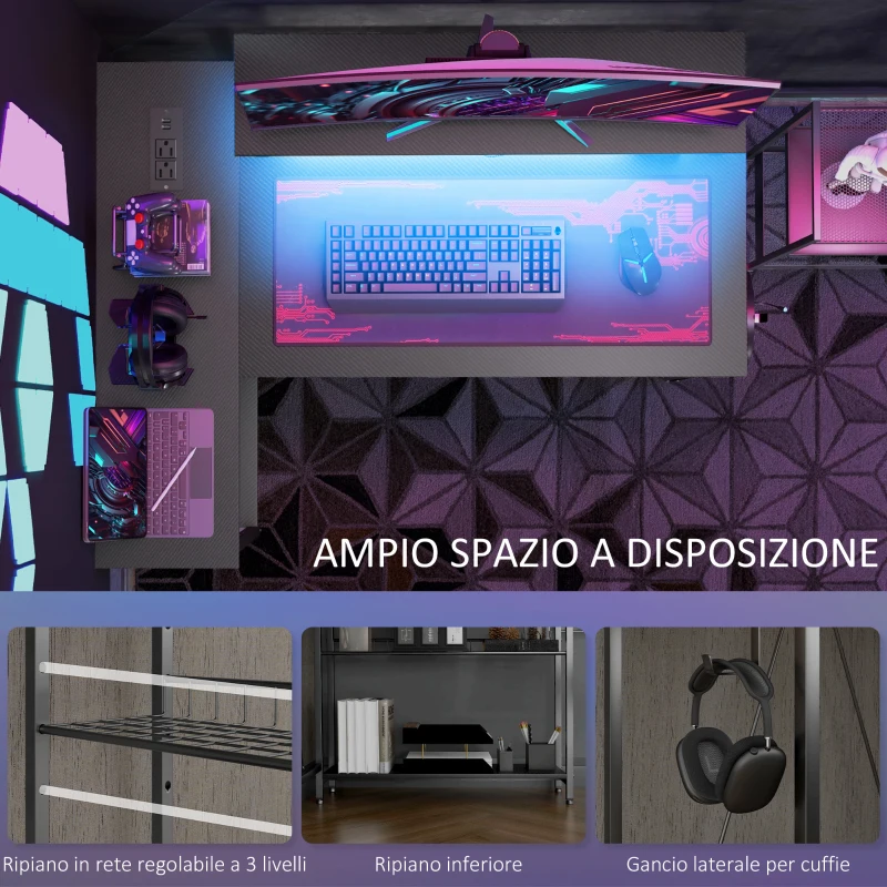 HOMCOM Scrivania Angolare Reversibile con LED, Prese di Corrente e Prese USB, Ripiani e Supporto Monitor, Nero