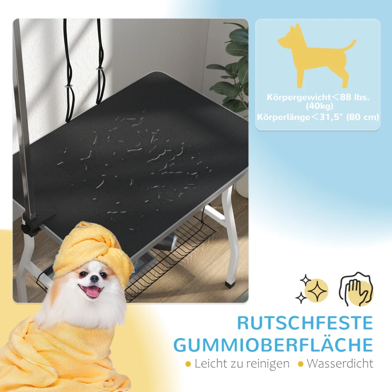PawHut Hundepflegetisch, Frisiertisch mit einstellbarem Arm, Aufbewahrungsfach, Gummioberfläche, 90 x 60 x 76 cm, Schwarz