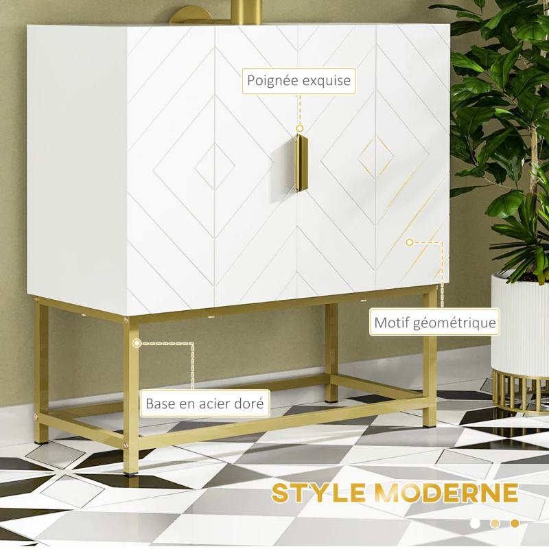 kleankin Meuble sous lavabo meuble de salle de bain avec placard double porte pieds en acier doré 60 x 30 x 65 cm blanc