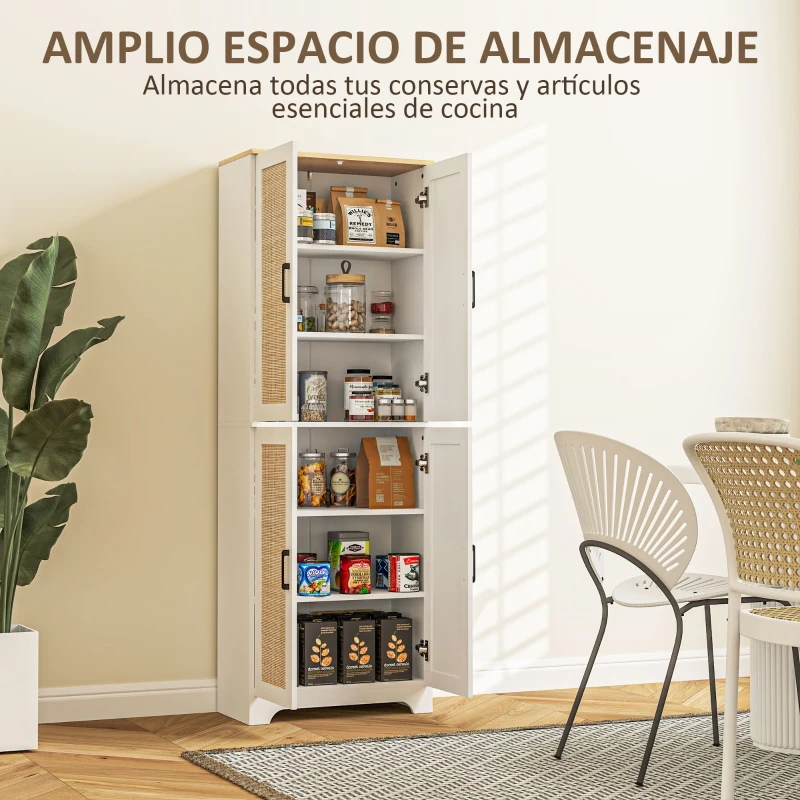 HOMCOM Alacena de Cocina con Estantes Ajustables Puertas de Ratán y Sistema Anti-vuelco 60x30x170 cm Blanco