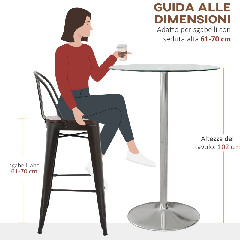 HOMCOM Tavolo Alto da Bar Moderno Rotondo con Base in Acciaio e Piano in Vetro, Ø70x102cm, Trasparente