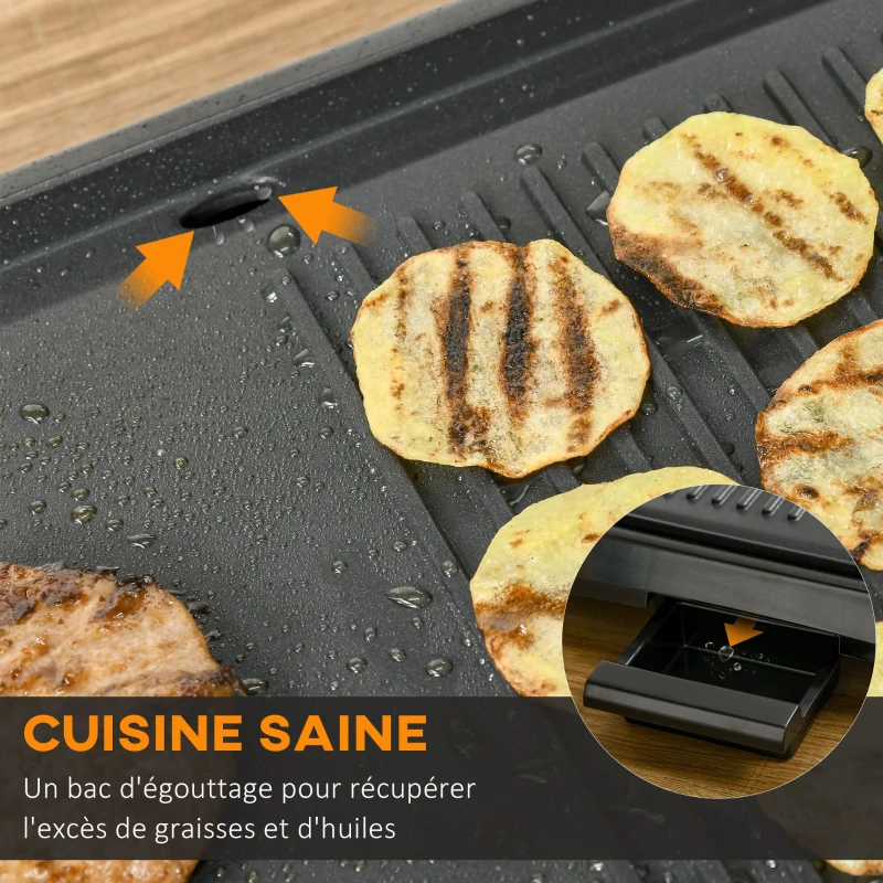 HOMCOM Plancha électrique grill sur table 2 en 1 - antiadhésif - 1600 W - thermostat réglable 5 niveaux 90°C-200°C - bac récupérateur inclus - ABS alu. noir