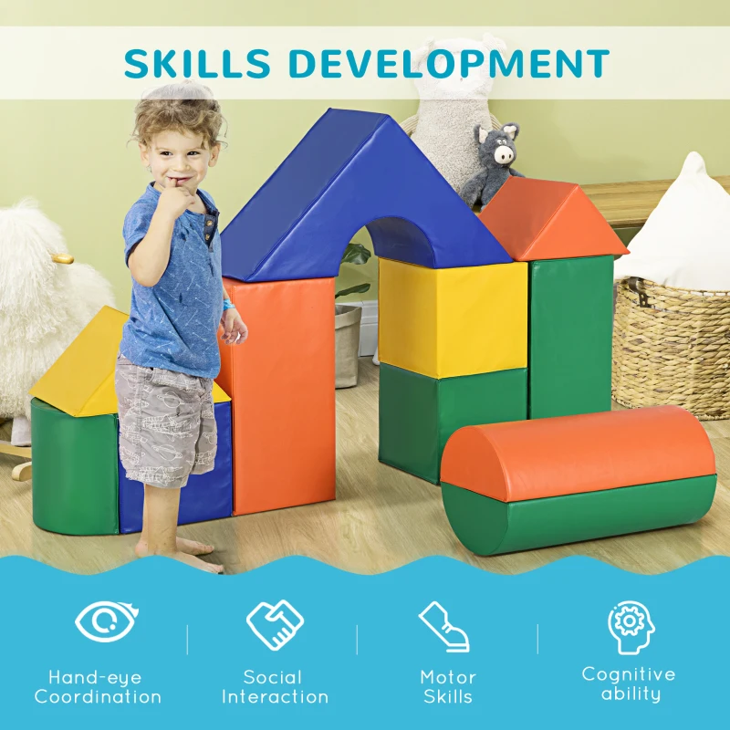 HOMCOM 11 Piece Climb and Crawl Activity Play Set Soft Foam Blocks Building Set for Baby Toddler Preschooler Indoor Play Equipment Learning Toys Multicolor