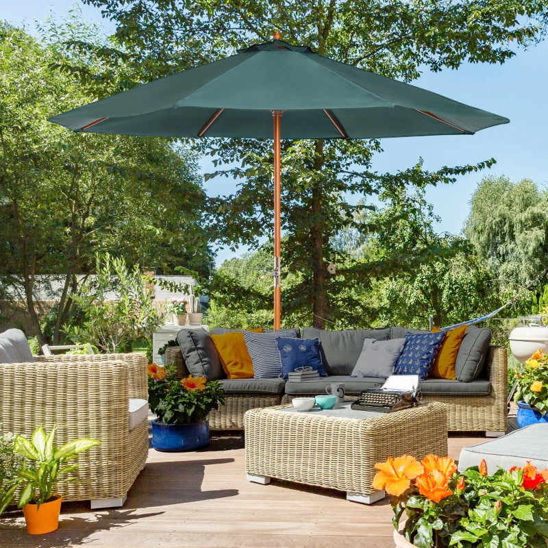 Outsunny Ombrellone da giardino in legno di pioppo, copertura di poliestere Verde, Stabile, Anti-UV, Ø270 x 250cm