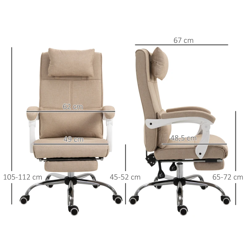 HOMCOM Fauteuil de Bureau Chaise de Bureau Ergonomique avec Repose-Pieds Rétractable, Dossier inclinable, tétière et Soutien des Lombaires, Réglable en Hauteur, en tissu Beige