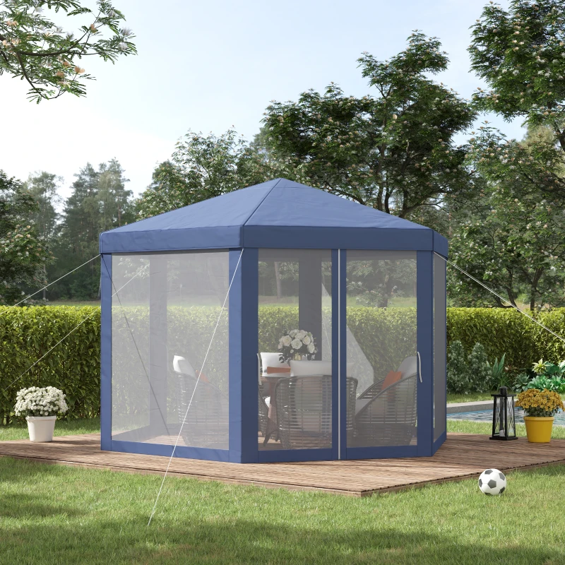 Outsunny Carpa Hexagonal con Mosquiteras con Cremallera para Jardín y Terraza Gazebo tipo Cenador 197 cm cada Lado Azul