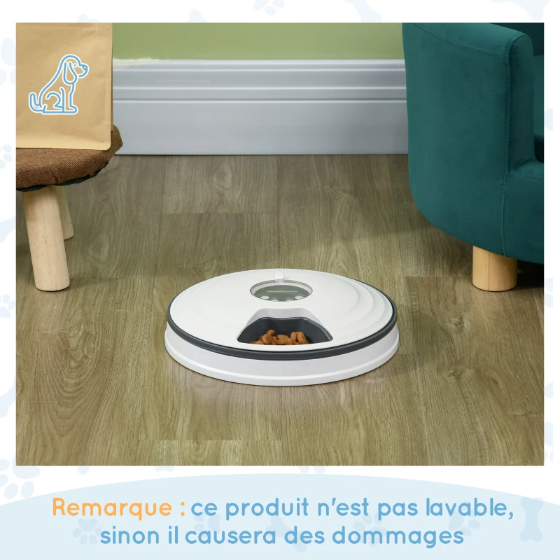 PawHut Distributeur de nourriture pour animaux de compagnie intelligent gamelle d'alimentation mangeoire automatique pour chien et chat 6 compartiments fonction de musique minuterie blanc gris