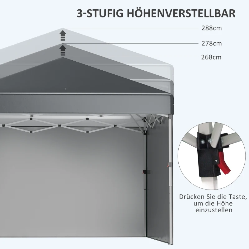 Outsunny Faltpavillon, 2 Seitenwände, höhenverstellbar, mit Transporttasche, rostfreies Stahlgestell, 3x3 m, Dunkelgrau