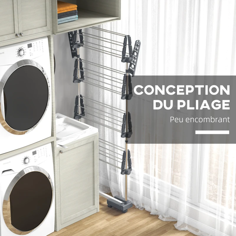 HOMCOM Séchoir à Linge étendoir pliable ailes latérales utilisation intérieure et extérieure 142 x 55 x 172 cm 4 niveaux gris