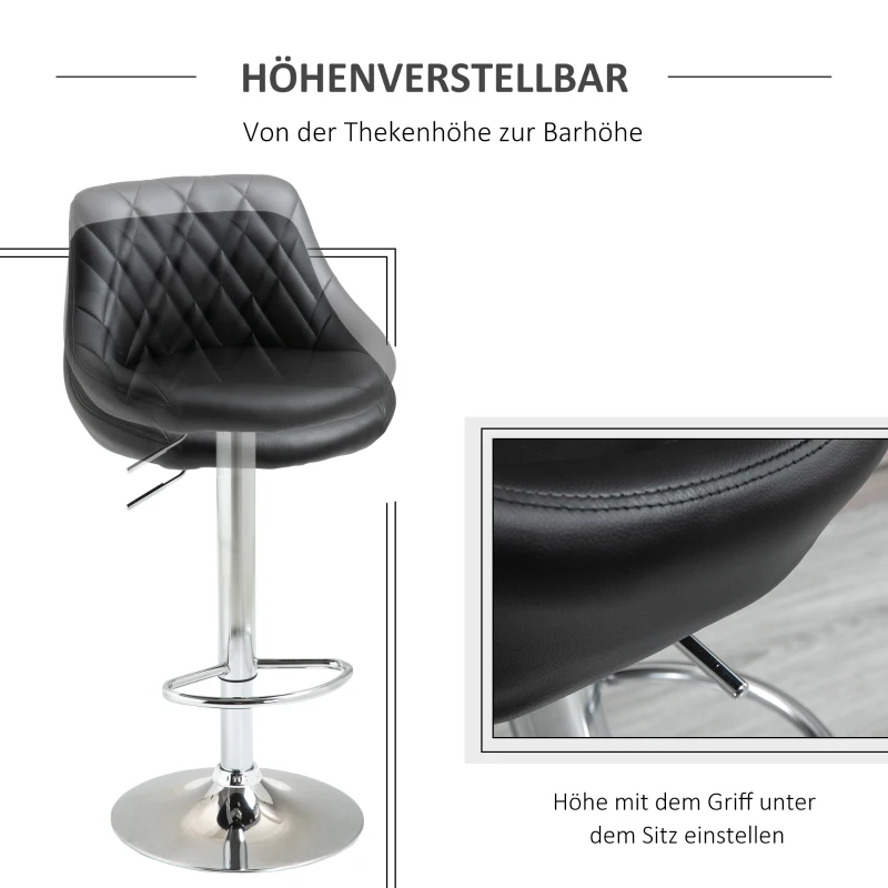 HOMCOM 2er-Set Barhocker Drehstühle mit Kunstleder-Bezug höheverstellbare Barstühle Tresenhocker Bistrohocker mit Rückenlehne Schwarz 46,5 x 48 x 84,5-106,5 cm