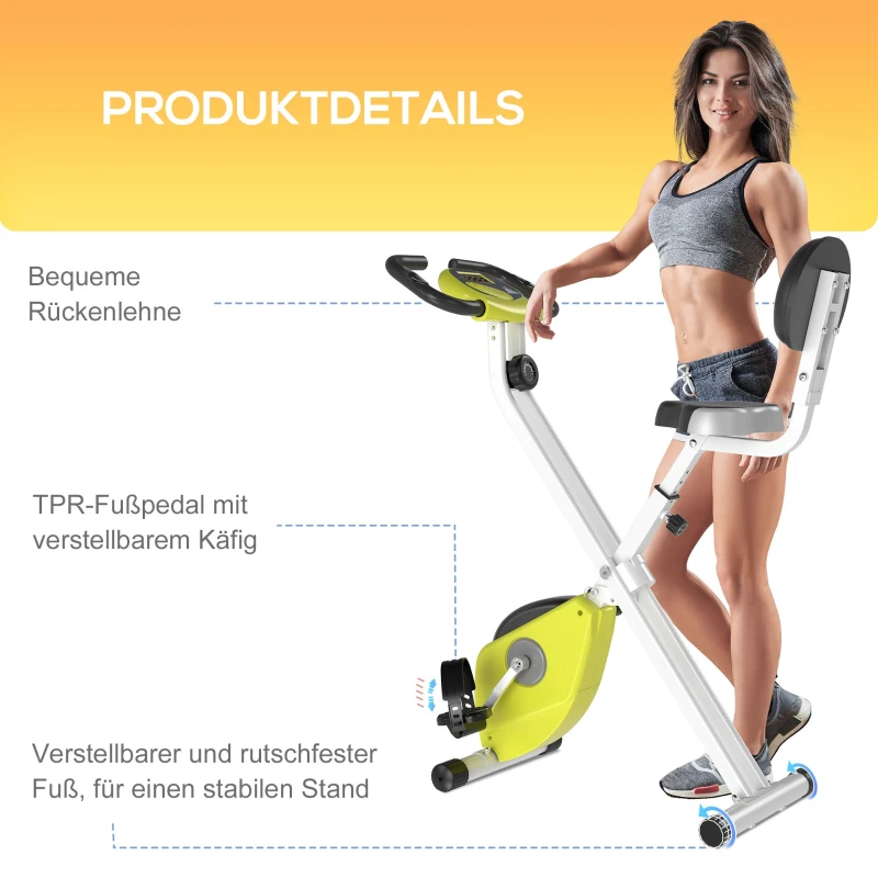 HOMCOM Heimtrainer Fahrradtrainer klappbar Magnetisch Hometrainer Fahrrad mit LCD Monitor, 8 stufig einstellbarem Magnetwiderstand, Platzsparend Fitnessbikes für Zuhause Gelb+Weiß