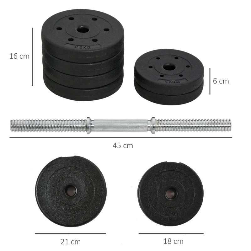 HOMCOM Set Manubri Palestra 30kg (8x2.5 kg, 4x1.5 kg), Pesi Palestra con 12 Dischi e 2 Manubri da 2 kg per Allenamento a Casa, Nero