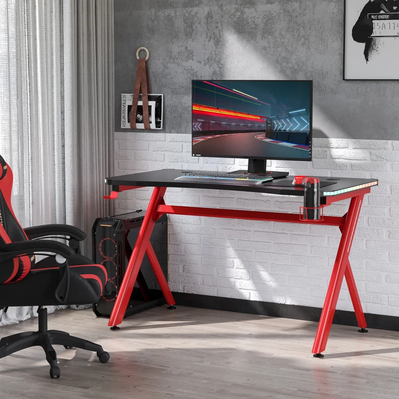 HOMCOM RGB Gaming Desk Computer Table Metal Frame with LED Light, Cup Holder, Headphone Hook, Cable Hole, Red