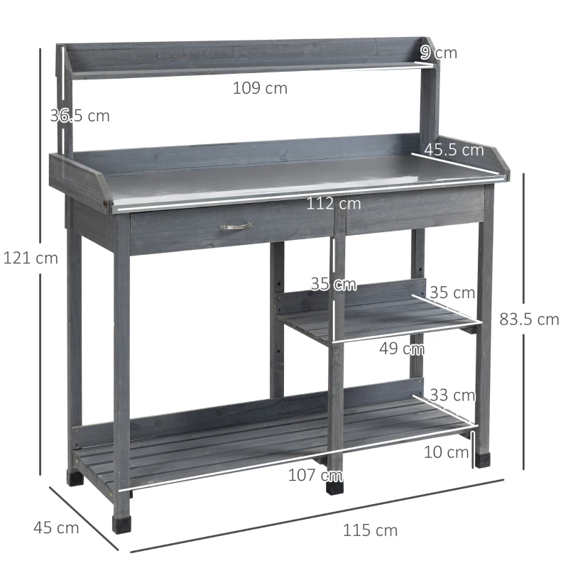 Outsunny Garden Potting Table with Storage, Workbench, Metal Top, Storage Shelves & Hooks for Patio, Courtyard, Wooden