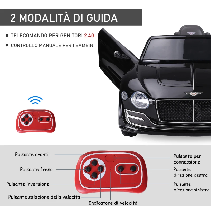 HOMCOM Macchina Elettrica per Bambini Bentley GT 6V, con Doppi Motori, Auto Elettrica per Bambini con Telecomando, Clacson, Suoni, Fari e 2 Portiere Apribili, 2.5-5 km/h, per 3-5 Anni, Nero
