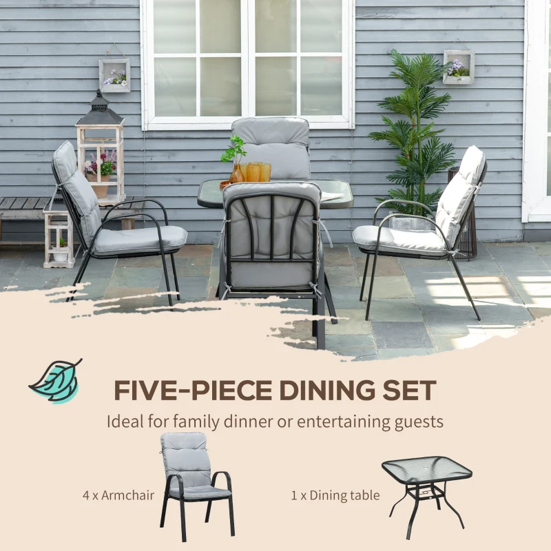 Outsunny 5 Pieces Outdoor Square Garden Dining Set w/ Tempered Glass Dining Table 4 Cushioned Armchairs, Umbrella Hole, Grey