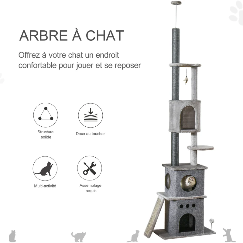 Arbre à chat poteau à griffer multi-niveaux hauteur réglable gris