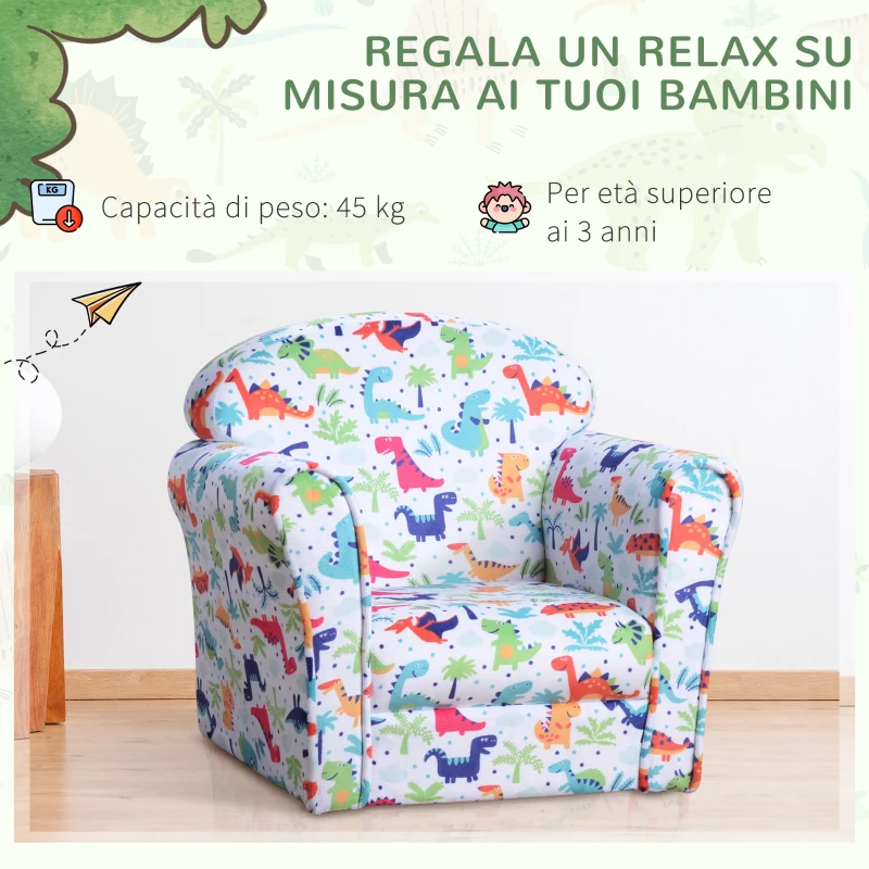 HOMCOM Poltrona da Bambino Fantasioso Motivo di Dinosauri Cartoonati bambini fra i 3 e i 5 anni Legno, Flanella, Schiuma 50L x 39P x 44A cm Multi-colore