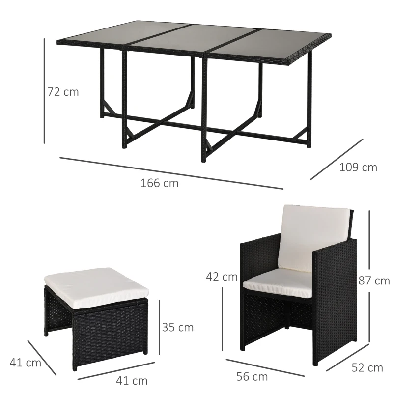 Outsunny Set 11 PZ Mobili da Giardino in Rattan da Esterno con Tavolo in Vetro Temperato e Cuscini, Set da Pranzo, Nero