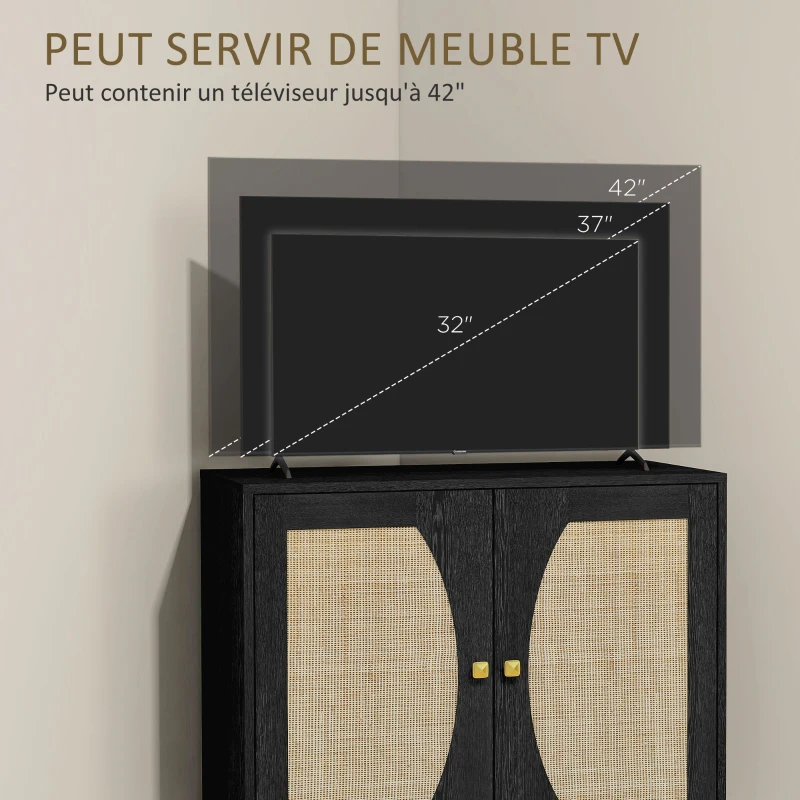 HOMCOM Buffet de cuisine meuble de rangement design bohème double portes avec 2 niveaux, façade en rotin 80 x 38 x 79 cm noir