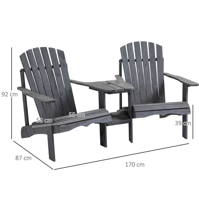 Outsunny Adirondack Gartenstuhl mit Tisch und Schirmloch 2 Sitzer Gartensessel Sitzgruppe Gartenmöbel für Balkon Massivholz Dunkelgrau 170 x 87 x 92 cm