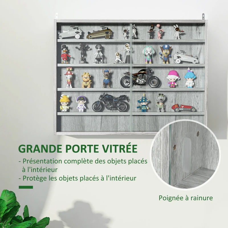 HOMCOM Vitrine murale pour objets de collection 5 étagère réglables en hauteur et 2 portes coulissantes 80 x 9,5 x 60 cm gris