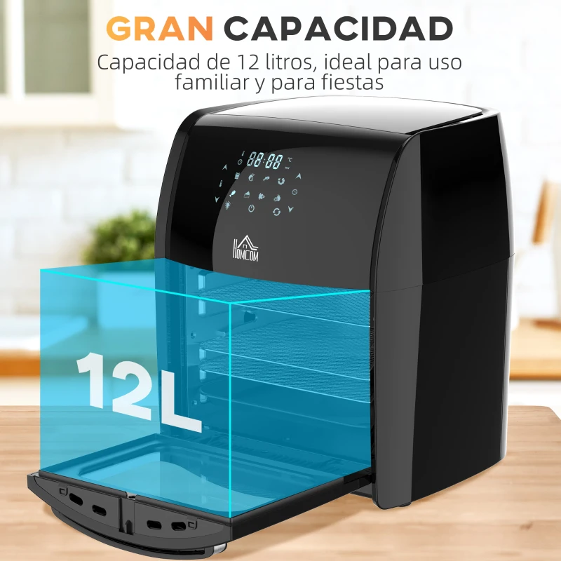 HOMCOM Freidora sin Aceite 3 en 1 12L 1800W Horno de Aire Deshidratador con 8 Programas Pantalla Digital 35x33,5x40 cm Negro
