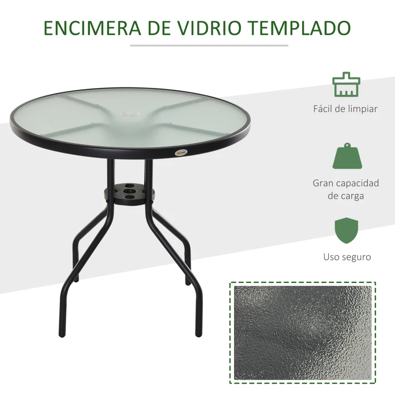 Outsunny Mesa de Jardín Redonda Mesa Comedor de Cristal Templado con Agujero para Sombrilla y Estructura Metálica para Patio Terraza Balcón Exterior Ø80x72 cm Negro