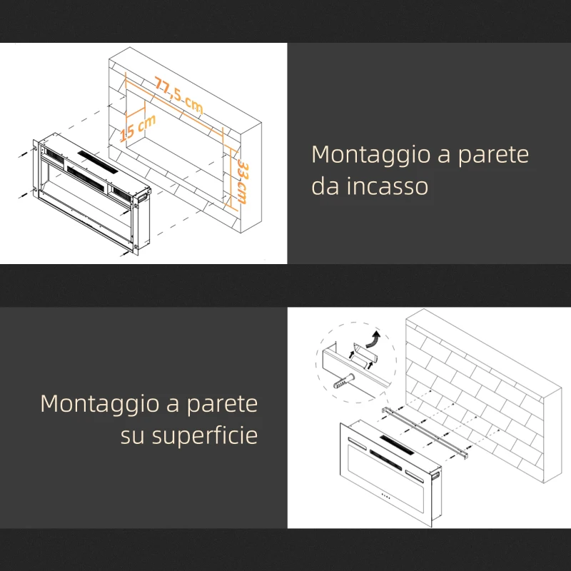 HOMCOM Camino a Bioetanolo da Incasso in Acciaio Inox, 2 Bruciatori da 0.85L per 3 Ore di Durata, 90x15x40cm, Nero