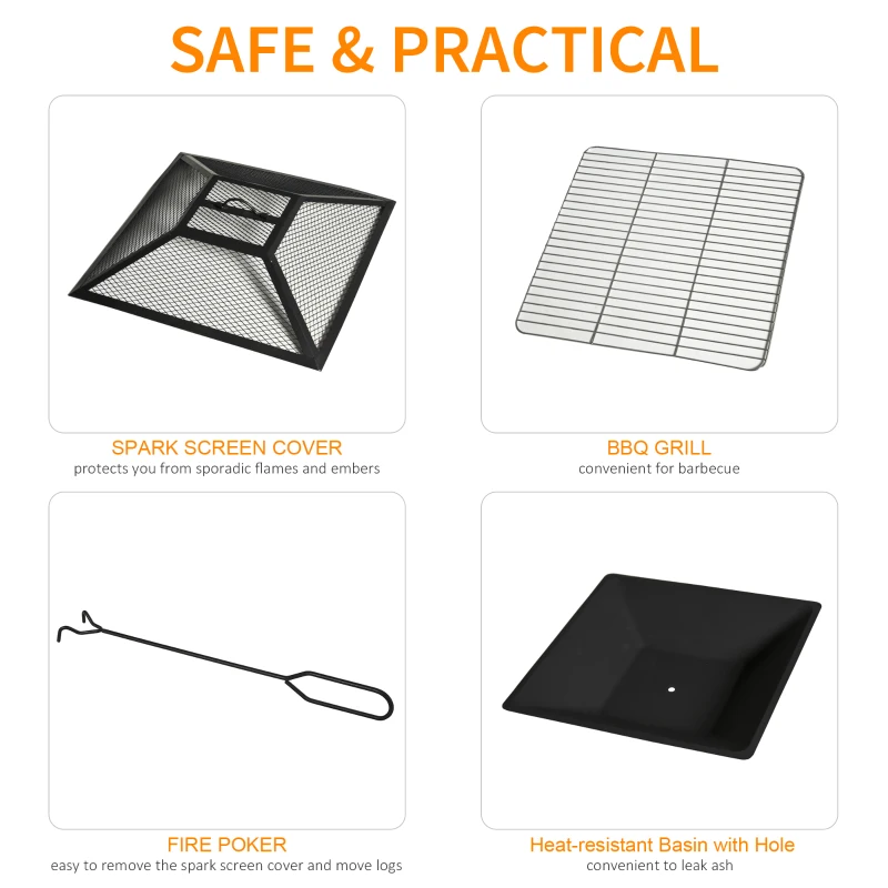 Outsunny Outdoor 3 in 1 Square Fire Pit Brazier with BBQ Grill, Metal Large Firepit with Lid, Log Grate, Poker for Backyard, Camping, Bonfire, Wood Burning Stove, 86 x 86 x 38cm, Black