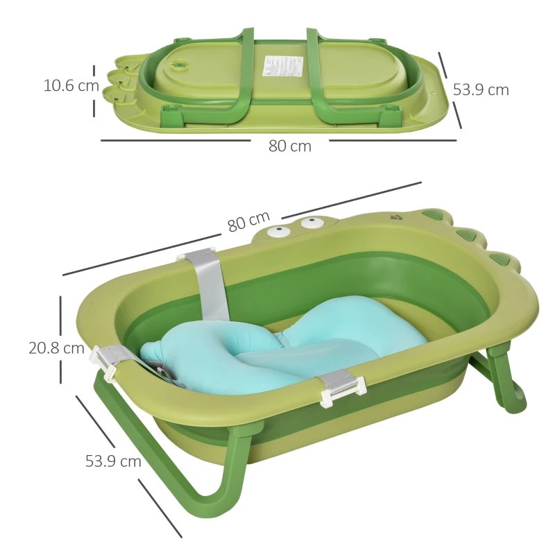 HOMCOM Vaschetta Bagnetto Pieghevole per Bambini 0-3 Anni con Cuscino Regolabile Azzurro e Piedini Antiscivolo, 80x53.9x20.8cm Verde
