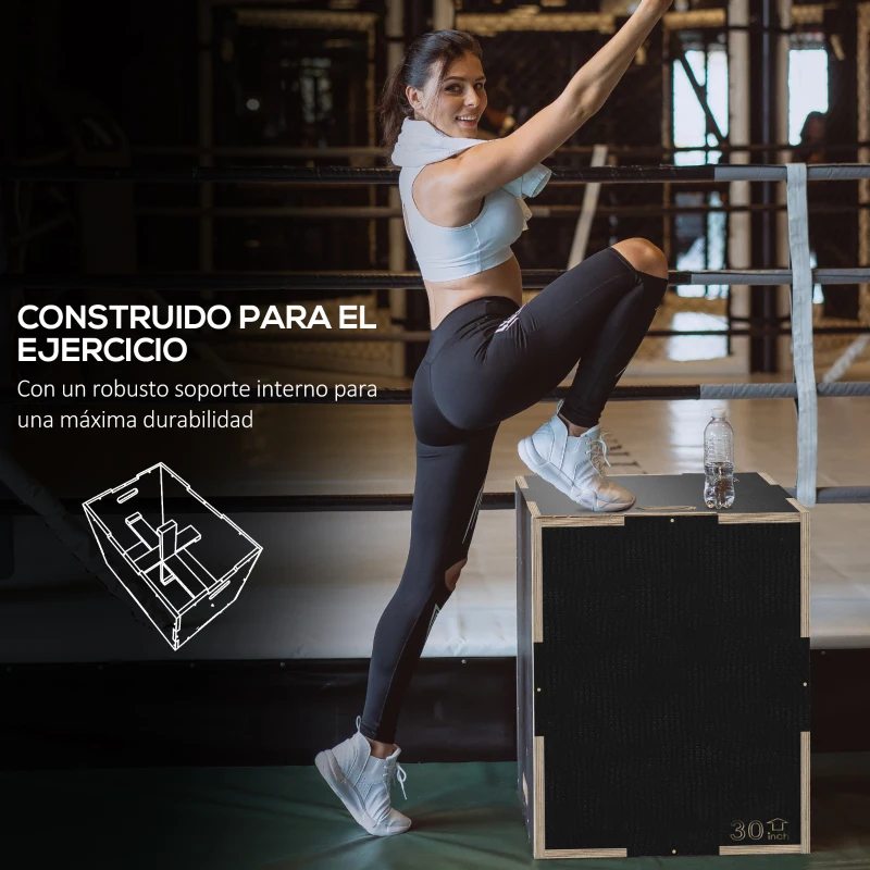 SPORTNOW Cajón de Salto Pliométrico de Madera con Mangos Huecos Carga 120 kg para Casa Oficina Gimnasia 76x61x51 cm Negro