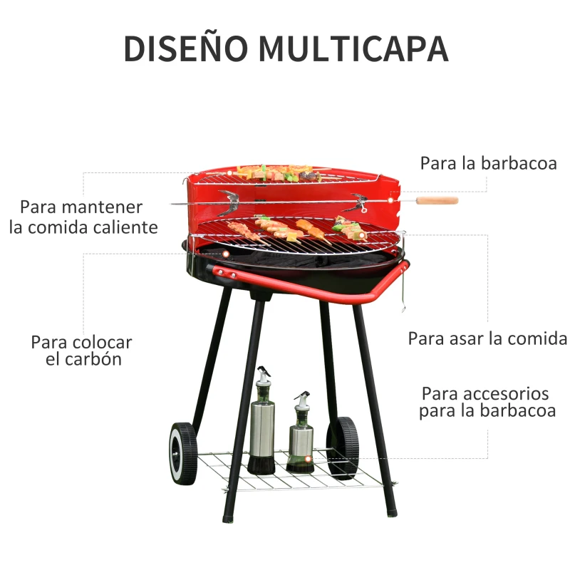 Outsunny Parilla para Barbacoa de Carbón con Rejilla a Diferentes Alturas Parilla de Calentamiento con Estante Redondo para Almacenaje 51x70x75,5 cm Rojo y Negro