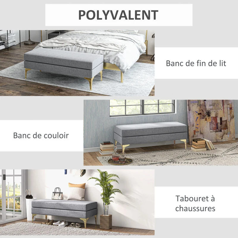 HOMCOM Banc bout de lit banquette coussins d'assise double pieds en acier design moderne 121 x 50,5 x 46,5 cm gris clair