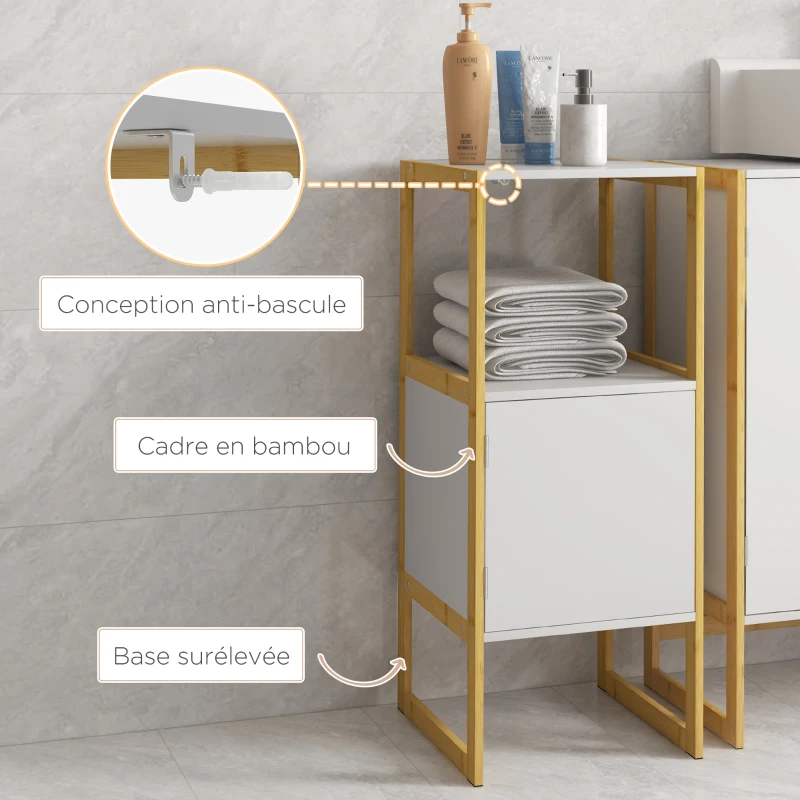 HOMCOM Meuble de rangement pour salle de bain avec cadre en bambou, étagère ouverte et porte à ouverture par pression, blanc