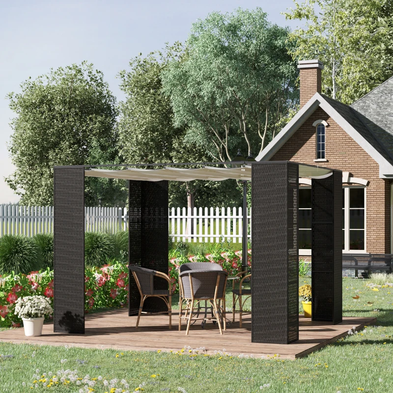 Outsunny Gazebo Pergola da Giardino 3x3m con Tenda Scorrevole, Struttura in Metallo e Rattan PE, Nero