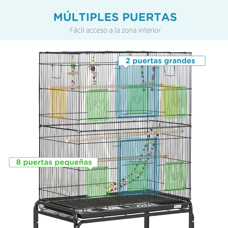 PawHut Jaula para Pájaros con Ruedas 79x49x133 cm Pajarera Metálico con 4 Comederos 3 Perchas Juguetes para Periquitos Negro