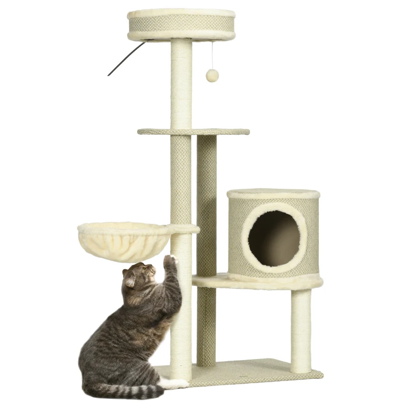 PawHut Kratzbaum Katzenbaum, 1 Katzenbett, 1 Katzenhöhle, 2 Liegeflächen, 124 cm x 59 cm x 40cm +Beige