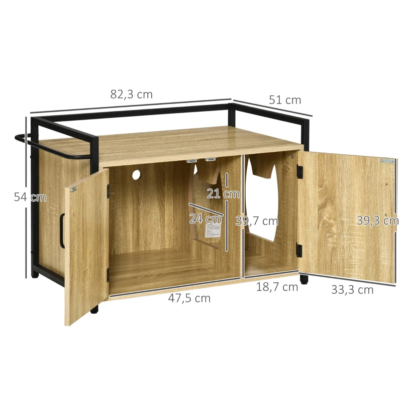 PawHut Casa para Gatos de Madera Mueble Arenero para Gatos 2 en 1 con Armario de Almacenaje Encimera Amplio 2 Puertas Orificio de Entrada Lateral y Barra de Colgar 82,3x51x54 cm Natural