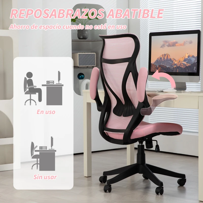 HOMCOM Silla de Oficina Giratoria con Altura Ajustable Reposabrazos Abatibles y Función de Basculante Carga 120 kg Rosa